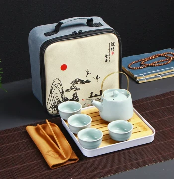 Ru Kiln Ceramic Outdoor Travel Set Ge Kiln Lift-Handle Teapot Brewing Pot Kung Fu Tea Set Gift Home Celadon
