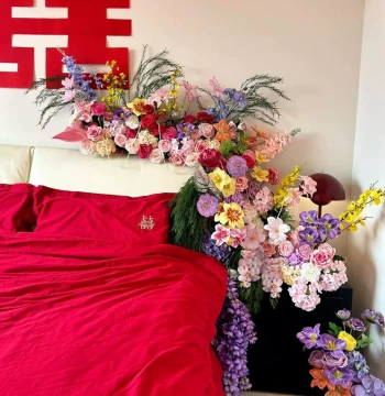 Wedding Room Atmosphere Setup Wedding Set Pull Flower Decoration Artificial Flower Row Bride's Bedroom Bedside Happiness Character Knot
