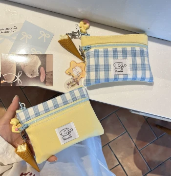 Cream Yellow Plaid Storage Bag, Coin Purse, Mini Small Bag for Outdoor Carry, Student Double-Layer Card Holder, ID Wallet
