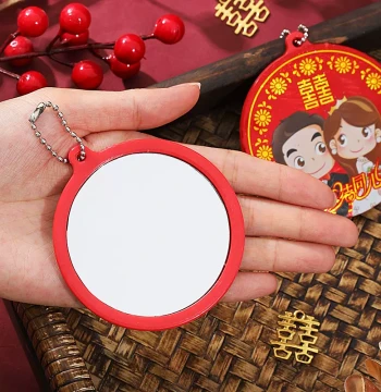 Small Mirror Bride Dowry Red Portable Women's Round Mirror Wedding Small Waist Mirror Double Happiness Character Wedding Use Waist Pressing Mirror Pair