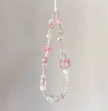 Instagram-Style Kitty Cat Bowknot Heart Beaded Phone Strap & Bag Charm - Sweet Girly Cartoon Chain