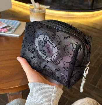 Cute Kitty Mesh Makeup Bag, Portable Daily Essentials Organizer for Data Cables and Misc Items, Compact Clutch Purse for Outings
