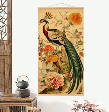 Hanging Scroll with Bamboo Curtain Tea Mat, Chinese Retro Calligraphy Art, Study Room Decoration, Tea Room and Entryway Decor