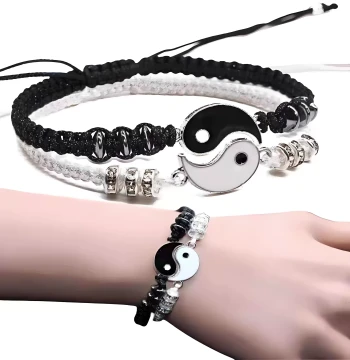 Hand-Braided Bracelet, Chinese Vintage Black and White Tai Chi Yin-Yang Dragon Pair, Bagua Wristband for Couples