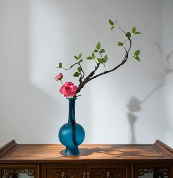 New Chinese Style Flower Arrangement Decor, Zen Tea Table Art, Sparrow Blue Frosted Glass Vase with Artificial Flower Set
