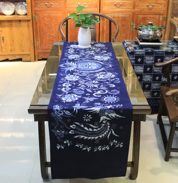 Batik Table Runner with Phoenix Design, Yunnan Ethnic Style Tea Mat for TV Stand or Dining Table Decoration
