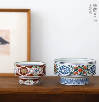 Japanese-Style Ceramic Elevated Small Bowl - Vintage Printed High-Base Planter for Tea Settings and Home Decor
