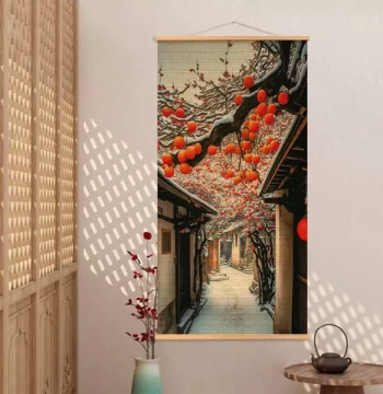 Hanging Art Bamboo Curtain Tea Mat, Chinese Retro Calligraphy Picture, Chinese Hanging Curtain, Study Room Decor, Tea Room Entryway House Persimmon