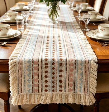 Huichun Bohemian Dopamine Striped Table Runner with Tassel Edge Cotton Linen Tablecloth Tea Mat Decor Custom