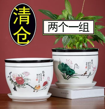 New Chinese Style Ceramic Planter with Tray - Large White Breathable Pot for Pothos, Clivia, and Succulents on Desktop or Balcony