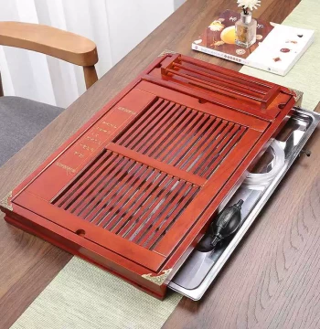 Tea Tray with Water Storage and Drainage, Stainless Steel Drip Pan with Drawer, Solid Wood Tea Set Holder, Cup Rack, Wooden Tea Table