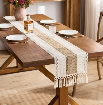 Nordic Style Cotton Linen Table Runner with Color Blocking, Knotted Hollow Fringe for Living Room TV Cabinet, Coffee Table, and Tea Ceremony Long Decorative Tablecloth