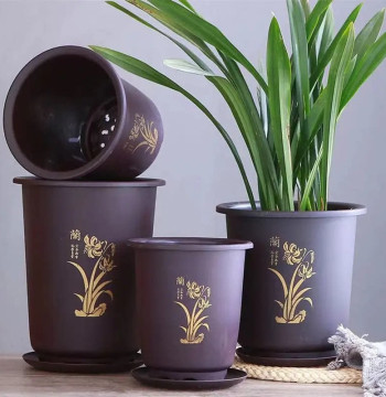 Thickened Resin Orchid Pot, Imitation Zisha Style, Large Tall Design for Clivia, Ceramic-Look Plastic Planter