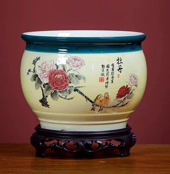 Vintage Pale Yellow Ceramic Planter with Base - Breathable Pot for Orchids, Spider Plants, and Asparagus Ferns (Clearance)