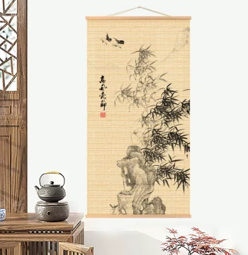 Hanging Bamboo Curtain Tea Mat - Chinese Retro Calligraphy Art for Study Room, Tea House, or Entryway Decor (Ink Wash Bamboo Design #2)