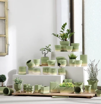 Gradient Olive Green Ceramic Pot with Unglazed Terracotta Body, Breathable & Water-Absorbent, Includes Tray for Orchids, Root Control, and Succulents