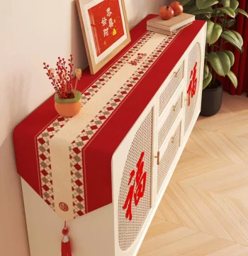 Coffee Table Wedding Tablecloth, Wedding Table Runner, Red Festive Sideboard Decoration, Tea Mat Cover Cloth for Wedding Celebrations with Long 'Double Happiness' Design