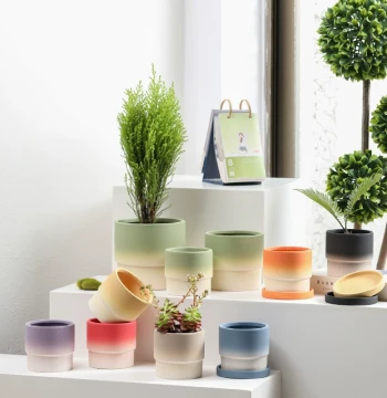 Dopamine Gradient Ceramic Flower Pot Home Unglazed Porous Clay with Tray for Plants Roses Bamboo