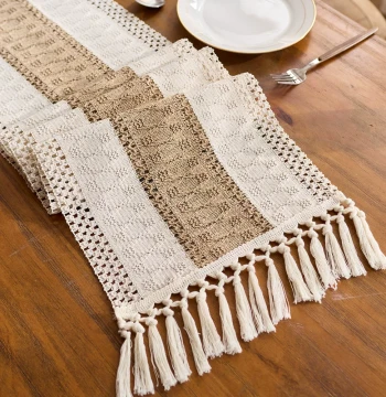Cross-Border Cotton Linen Table Runner, Color-Block Knotted Hollow Tassel Decor for Dining Table and Tea Ceremony, Ethnic Style