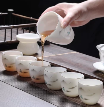 Premium Tea Set Gift Box for Office - Small White Porcelain and Glass Gaiwan with Kung Fu Sheep Fat Jade Cups for Home Brewing
