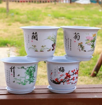 [Buy 1 Get 4] Premium Plum Orchid Bamboo Chrysanthemum Pattern Large Resin Flower Pots Imitating Ceramic Thickened Home Use Clearance