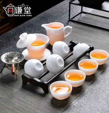 Premium Ice-Jade White Porcelain Kung Fu Tea Set for Home and Office, Dehua Pure White Ceramic with Gaiwan and Hovering Cups