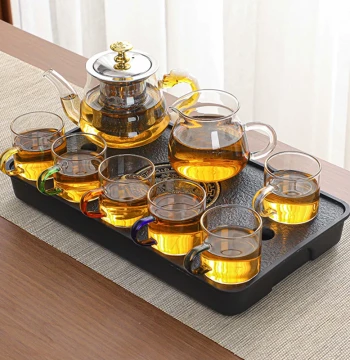 Heat-Resistant Thick Glass Tea Set: Kung Fu Teacups, Teapot, and Tray for Home or Office
