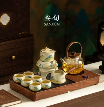 Sanxun Thousand Miles of Rivers and Mountains Ru Kiln Automatic Kung Fu Tea Set Tea Tray Home Water Boiling Integrated Complete Set Lightweight Luxury High-End