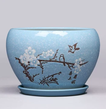 Chinese Style Ceramic Flower Pot with Saucer - Extra Large, Large, Medium for Orchids, Indoor & Balcony Plants