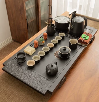 Complete Kung Fu Tea Set with Modern Minimalist Solid Wood Tray, Simulated Wujin Stone Ceramic, and Automatic Water Boiler
