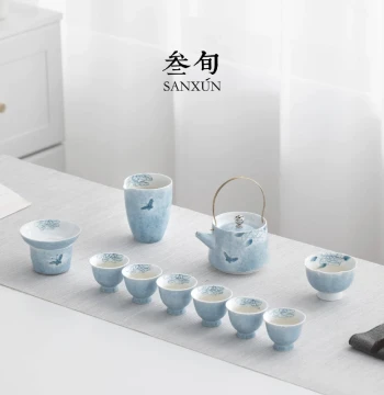 Sanxun Hand-Painted Butterfly and Flower Teapot Kung Fu Tea Set Complete Home Luxury Ceramic Gift Box