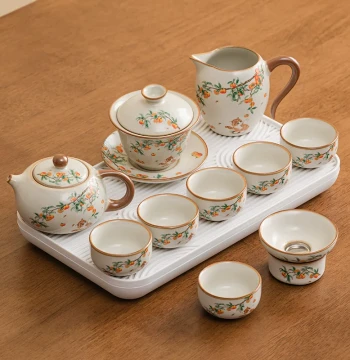 Premium 2025 New Persimmon Cat Beige Ru Kilong Gongfu Tea Set, Complete Home Brewing Kit with Teapot and Cups, Ideal for Gifting