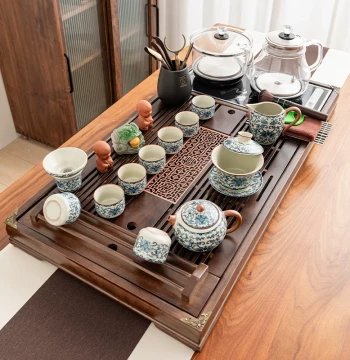 Complete Ru Kiln Gongfu Tea Set Glass Automatic Kettle Integrated Tea Table Water Feeder Solid Wood Tea Tray for Home Use
