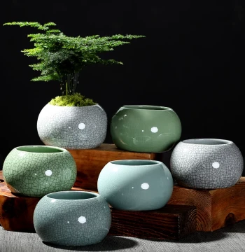 Large Ge Kiln Ceramic Succulent Planter Set – Breathable Ice-Crack Glaze for Balcony, Office Desk – Clearance Sale