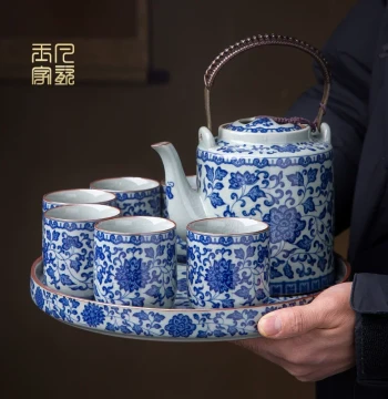 Blue-and-White Porcelain Gongfu Tea Set – Jingdezhen Ceramic Teapot with Aged Clay, Large Handle Pot & Cups, Complete Home Set