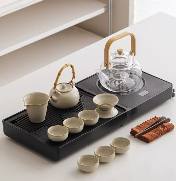 Ru Kiln Tea Set with Glass Kettle and Integrated Tea Tray for Home Living Room Gongfu Brewing