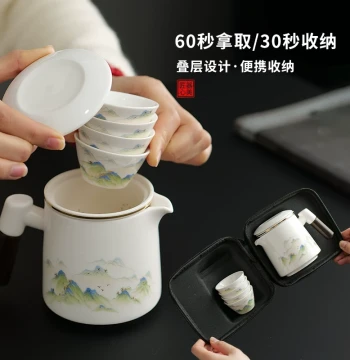 Complete Kung Fu Ceramic Travel Tea Set - Portable Outdoor Quick Brew Cup, Car and Office Teapot in White Porcelain