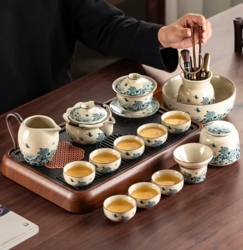 Chipai Ming Beige Ru Kiln Handled Teapot and Gaiwan Kung Fu Tea Set with Tea Tray