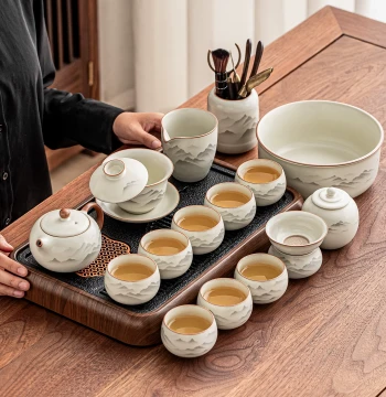 Beige Ru Kiln Ink-Wash Distant Mountain Kung Fu Tea Set, Home Use Heat-Resistant Premium Ceramic Teapot and Cup Set for Office