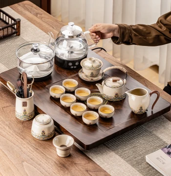 Complete Kung Fu Tea Set with Automatic Electric Kettle and Integrated Tea Tray, Home Tea Station for Office Brewing