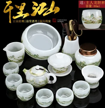 Painted Glazed Kung Fu Tea Set with Jade Porcelain Gaiwan, Teacups, and Fair Cup - Complete Gift Box