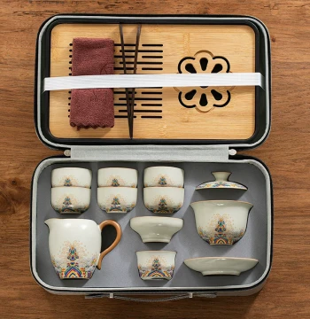 Ru Kiln Kung Fu Travel Tea Set for Home, Office, and Outdoor Portable Use with Gaiwan, Teacups, and Tea Tray