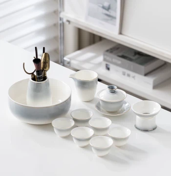Ceramic Gaiwan and Mutton Jade White Porcelain Teacup Set with Gold-Trimmed Gongfu Teapot for Home Brewing