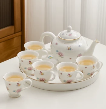 Fresh Style Heat-Resistant Kung Fu Tea Set - Ceramic Teapot and Cups with Handles for Home Use