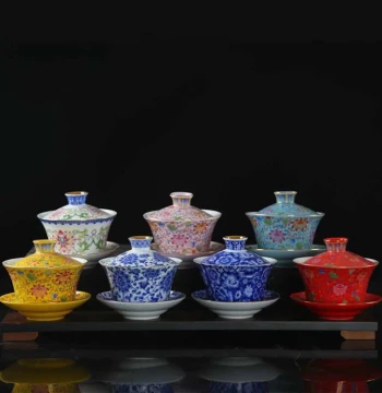 Jinglongtang Large Enamel Gaiwan Teacup with Gold-Inlaid Threads, Full-Color Sancai Brewing Bowl, Complete Ceramic Gongfu Tea Set