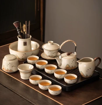 2026 New Beige Ru Kiln Tea Set for Home - Premium Luxury Teapot, Gaiwan, Cups, and Tray Complete Set