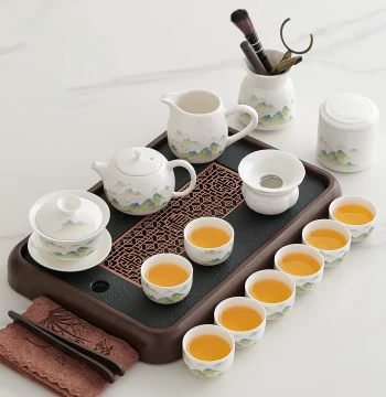 Complete Kung Fu White Porcelain Tea Set, Home Luxury Office Teapot with Gaiwan and Cups, Chinese Integrated Tea Tray