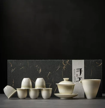 Complete Wood Ash Glazed Ceramic Tea Set, Luxury Handmade Kung Fu Teaware with Gaiwan in Gift Box