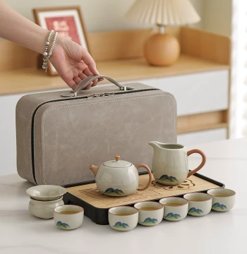 2026 New Beige Ru Kiln Complete Kung Fu Travel Tea Set Premium Ceramic Cups for Home and Outdoor Camping