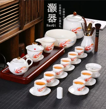 Haoqi Mutton Fat Jade Kung Fu Tea Set, Complete Home Tea Kit with Teapot, Gaiwan, Cups, Accessories, and Gift Box